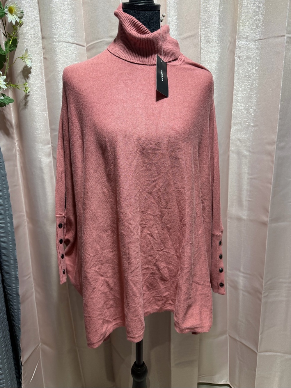 Women's Turtleneck/Poncho Button-Sleeve Sweater - Dusty Rose